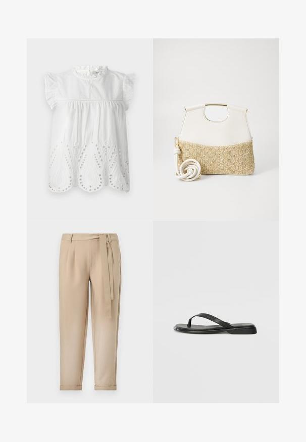 Baltas kokvilnas blūze ar viļņotām piedurknēm, augstu apkakli un izšūtu acs detaļām apakšmalā paisley rakstā.; Beige bikses ar pieguļošu vidukli, ar krokām un atbilstošu jostasvietu. Šauras kājas ar kāju galiem, izgatavotas no gludas auduma.; Melni flip-flopi, kas izgatavoti no gludas ādas, ar plānu siksniņu dizainu un plakanu zoli ar minimālu profilu. Nav ievērojamu rakstu vai akcentu.; Balta ādas rokassoma ar strukturētu krēmkrāsas austu audumu apakšā. Iekļauj zeltaini rokturi un saritinātu baltu siksnu daudzveidībai.