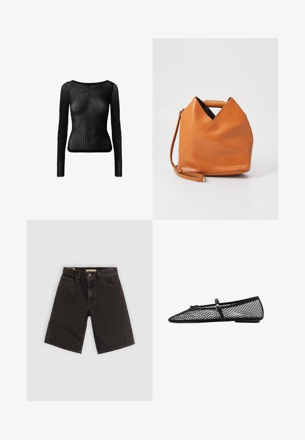 Schwarzes Langarmoberteil aus durchscheinendem Material mit einem wellenförmigen Muster. Verfügt über einen runden Ausschnitt und eine figurbetonte Silhouette.; Schwarze Denim-Shorts mit geradem Schnitt, fünf Taschen und Metallbeschlägen, aus strukturiertem Stoff und mit normalem Taillenbund.; Schwarze Netz-Balletflats mit spitz zulaufender Zehenpartie, dekorativem Riemen und dezentem Akzent. Sie verfügen über ein offenes Netzdesign und eine flache Sohle.; Braune Lederhandtasche mit einzigartigem dreieckigem Faltendesign, Obergriff und abnehmbarem Schultergurt auf weißem Hintergrund.