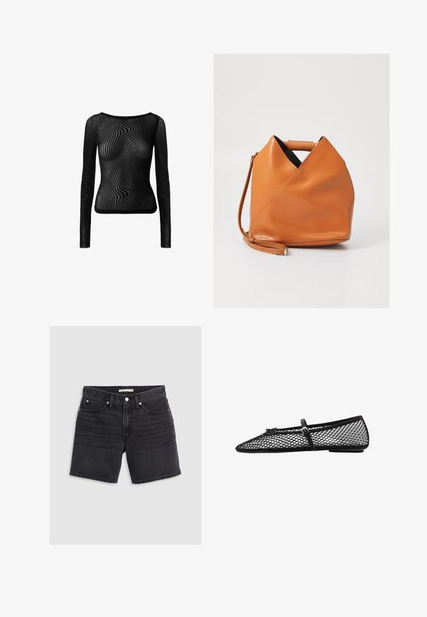 Svart långärmad topp gjord av transparent material med ett vågigt mönster. Har en rundad halsringning och en figurnära silhuett.; Svarta jeansshorts med en klassisk femficksdesign, metallknappsstängning och kontrasterande sömmar med lätt urtvättad detalj.; Svart nätballerina med spetsig tå, dekorativ rem och subtil accent. Har en öppen nätdesign och platt sula.; Tan läderhandväska med unik triangulär vikdesign, topphandtag och avtagbar axelrem på vit bakgrund.