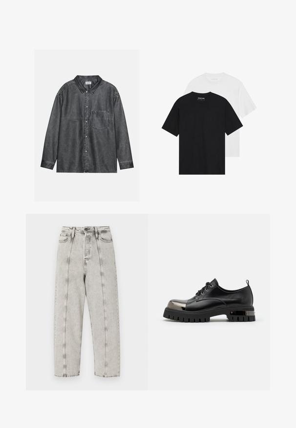 Juodas marškinėlių viršus, pagamintas iš nusidėvėjusio džinsinio audinio, su smailiu apykaklės dizainu, ilgomis rankovėmis, priekinėje krūtinės kišenėje ir matomomis siūlių detalėmis.; Du suknelės, viena juoda, kita balta, su trumpomis rankovėmis, apvaliais kakliukais ir lygiu medvilnės tekstūra. Ženklo etiketė matoma viduje.; Pilka aukšta juosmens džinsai su laisvu siluetu, tiesios kojų dizainas, matoma siūlė ir nusidėvėjusi tekstūra.; Koi Footwear SHELOB MENS METAL TOE LACE UP SHOES - Suvarstomi - black