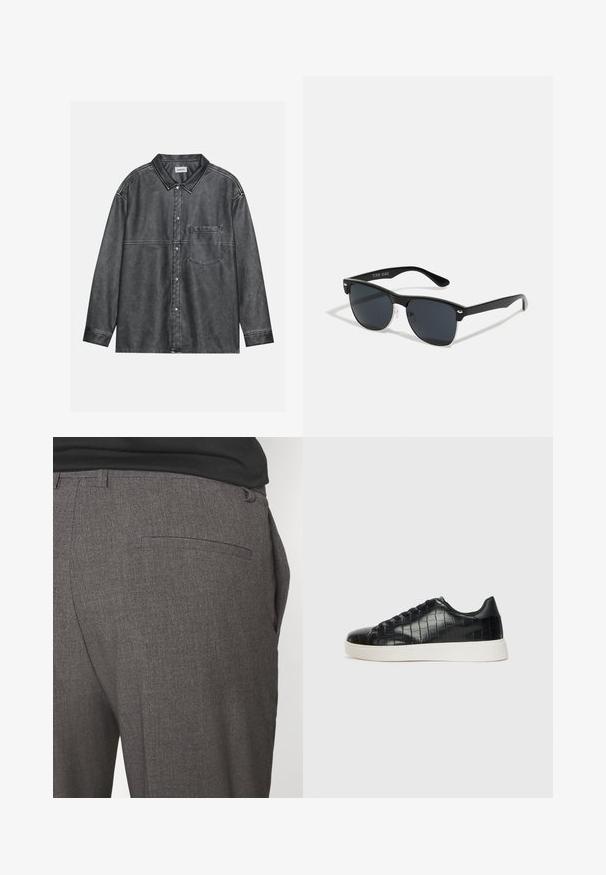 Juodas marškinėlių viršus, pagamintas iš nusidėvėjusio džinsinio audinio, su smailiu apykaklės dizainu, ilgomis rankovėmis, priekinėje krūtinės kišenėje ir matomomis siūlių detalėmis.; Pilki pritaikyti kelnių su lygia tekstūra, turinčios vieną užpakalinę kišenę ir siaurą siluetą. Audinys turi subtilų raštą.; Juodi sportiniai batai su tekstūruotu krokodilo odos pamušalu, apvalia kojų dalimi ir kontrastinga balta guma su lygiu paviršiumi.; Juodos saulės akinių su stačiakampiu rėmeliu, tamsiais lęšiais, sidabrinėmis detalėmis šventrajose ir matinio paviršiaus rėmeliu.; Balta perlų kaklo grandinėlė, su vienodai apvalia forma, lygiu paviršiumi ir metaline sagtimi su ilginimo grandinėle, leidžiančia reguliuoti ilgį.