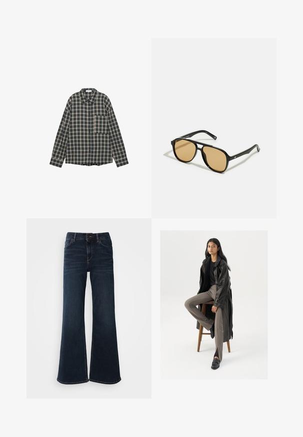 Mörkblå och krämfärgad rutig skjorta med långa ärmar, som har knäppning fram, krage och bröstficka. Tillverkad av mjukt, strukturerat tyg.; Vit kortärmad t-shirt i bomull; har en avslappnad passform, rund halsringning och inga synliga mönster eller detaljer.; Mos Mosh HERA - Flared jeans - dark blue; Svart läder trench coat med knappar och bälte, matchad med ljusbruna åtsittande byxor och svarta loafers, sittande på en träpall.; Svarta solglasögon med bruna tonade linser; rektangulär form med en tjock ram, inklusive subtila detaljer av metall vid glasögonbågarna.; Svart läder triangulär handväska med en justerbar axelrem och en mjuk, något slapp struktur.
