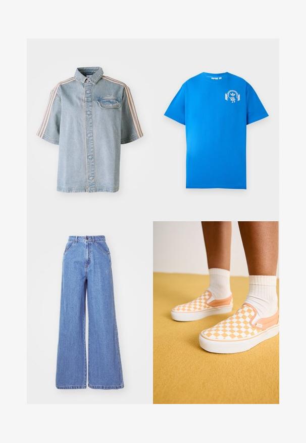 Camicia di jeans con tasca frontale, chiusura a bottoni e strisce rosa sulle spalle, esibita su uno sfondo bianco e semplice.; T-shirt in cotone blu con maniche corte. Presenta una grafica bianca sulla parte anteriore, che mostra un personaggio con cuffie e un arco.; adidas Originals Jeans a sigaretta - light denim; Vans CLASSIC SLIP-ON PLATFORM - Sneakers basse - apricot
