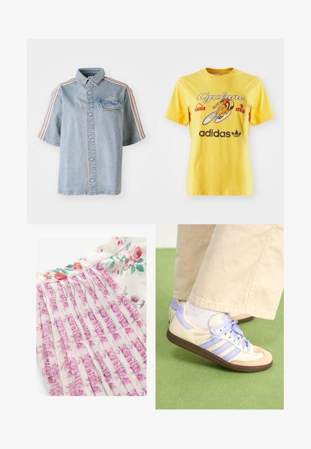Farmering ing, elülső zsebbel, gombos záródással és rózsaszín csíkokkal a vállakon, egy sima fehér háttér előtt.; Sárga pamut póló, kerékpár grafikával, "Cyclone" felirattal és az Adidas logóval a alján, jól láthatóan. Rövid ujjú.; Virágmintás ruha, amelynek fehér háttere rózsaszín és zöld virágmintákkal van díszítve, redős kialakítással és sima szövet textúrával.; Krém és levendula színű sportcipők három csíkkal és texturált barna talppal, fűzőkkel és párnázott sarokkal. Puha anyagú felsőrész.