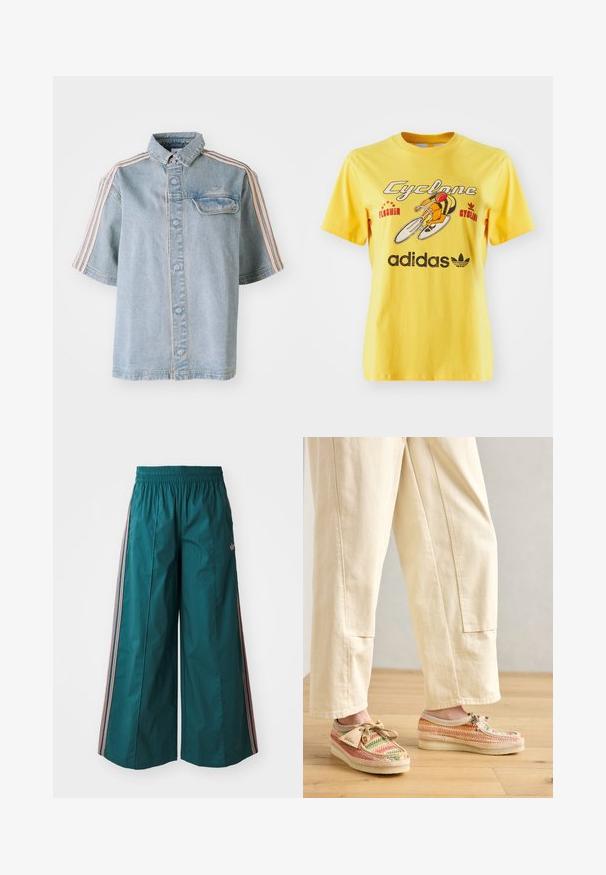 Farmering ing, elülső zsebbel, gombos záródással és rózsaszín csíkokkal a vállakon, egy sima fehér háttér előtt.; Sárga pamut póló, kerékpár grafikával, "Cyclone" felirattal és az Adidas logóval a alján, jól láthatóan. Rövid ujjú.; Türkis színű, bő szabású nadrág, elasztikus derékkal, melynek oldalán rózsaszín és fehér csíkos díszítések találhatóak, könnyű anyagból készült.; Több színben szőtt cipők bézs alappal, lekerekített orral és fűzős dizájnnal. Texturált anyag, mintás felülettel és barna kiegészítőkkel.