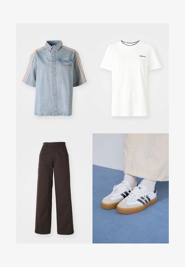 Džinsinis marškinys su priekinėmis kišenėmis, mygtukiniais uždarymais ir rožinėmis juostomis pečių srityje, pateiktas prieš paprastą baltą foną.; Balta medvilnė marškinėliai su trumpomis rankovėmis ir apvalia iškirpte. Ant krūtinės yra juodas Adidas logotipas, o vidinė apykaklė yra kontrastinga juoda.; Rudi plačiai išsiplėtusios rudos kelnės su sagos uždarymu ir dirželio kilpos, pagamintos iš patvarios medžiagos, pasižyminčios lygiu tekstūru ir švariomis linijomis.; Baltos sportbačiai su noir juostomis ir šviesiai rudos zomšos akcentais. Yra tekstūruota gumos padas ir plokščiomis baltomis raištelėmis, dėvimi su šviesiai spalvotomis kojinėmis.