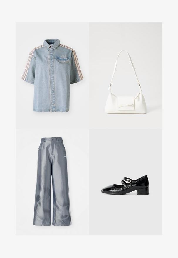 Τζιν πουκάμισο με μπροστινή τσέπη, κλείσιμο με κουμπιά και ροζ ρίγες κατά μήκος των ώμων, σε απλή λευκή φόντο.; Παντελόνια με φαρδιά πόδια από γυαλιστερό γκρι υλικό, που διαθέτουν άσπρες λωρίδες στα πλάγια και σχέδιο φλόγας στα κάτω άκρα. Κλείσιμο με κουμπί και φερμουάρ στη μέση.; Μαύρα παπούτσια Mary Jane από πατέντα με μυτερή μύτη, δύο ρυθμιζόμενες λωρίδες με κυκλική μεταλλική υποδοχή και χαμηλό ερμάριο τακούνι.; Λευκή συνθετική τσάντα σε τριγωνικό σχήμα, με επίπεδη μπροστινή καπάκι και λεπτομέρεια φιόγκου, ρυθμιζόμενο λουράκι, απαλή υφή και μινιμαλιστικό σχέδιο.