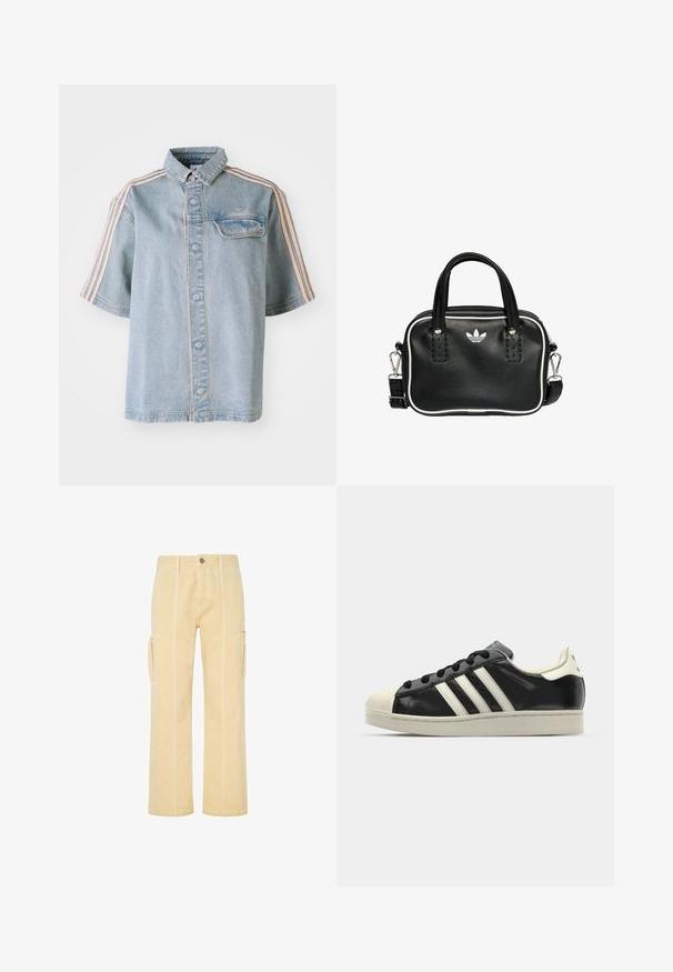 Denim overhemd met een borstzak, knoopsluiting en roze strepen langs de schouders, gepresenteerd tegen een effen witte achtergrond.; Lichtgele cargobroek met een recht model, voorzien van zijzakken en contrasterende stiksels langs de naden. Duurzaam katoenmateriaal.; Zwarte leren sneaker met witte strepen, rubberen teenbescherming, zwarte veters en een crèmekleurige loopzool. Glad oppervlak met een glanzende afwerking.; Zwarte leren handtas met twee korte handvatten, zilverkleurige hardware, witte accenten en een wit logo. Heeft een gestructureerd oppervlak en een compact ontwerp.