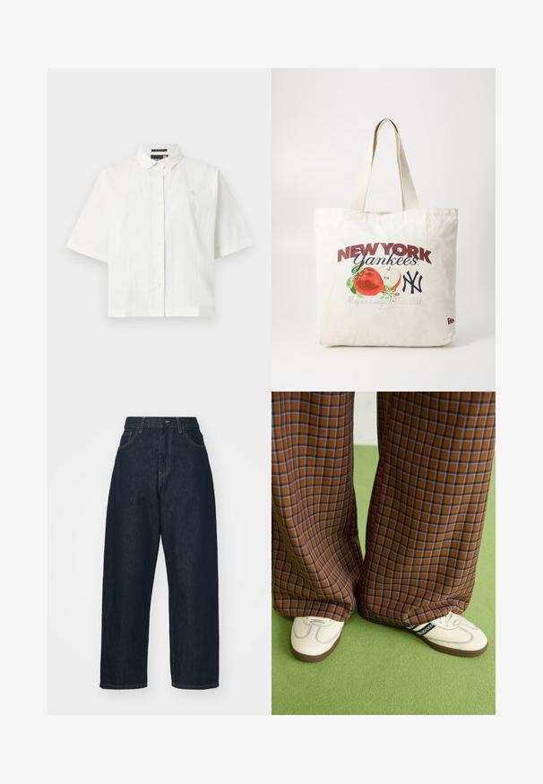 Cămașă albă cu mânecă scurtă, dintr-un material texturat, cu guler obișnuit și închidere cu nasturi. Logo mic pe piept. Design cu o croială lejeră.; Jeans din denim albastru închis cu picior larg și talie înaltă. Prezintă buzunare frontale și cusături tradiționale. Textură netedă, croială dreaptă.; Pantaloni largi cu carouri maro și albastru, asociați cu pantofi albi cu accente negre și tălpi texturate, împotriva unui fundal verde.; Geantă din pânză crem cu text imprimat roșu și albastru închis. Prezintă mere și logo-ul Yankees, cu mânere în nuanțe neutre și detalii ale logo-ului.