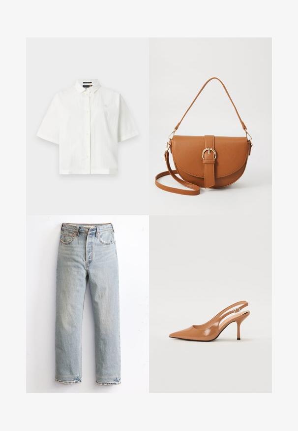 Bijela košulja kratkih rukava od teksturiranog materijala, s redovitim kragnom i zatvaranjem na gumbe. Mali logo na prsima. Opustišeni kroj.; Svijetloplave traperice s ravnim krojem, koje imaju istrošenu rubu, bakrene zakovice i klasičan stil s pet džepova.; Sandal s petom u obliku šiljastog prsta od glatkog, sjajnog smeškastog materijala. Ima zakrivljeni izrez i vitku štiklu. Detalj s srebrnom kopčom.; Smeđa kožna torba preko tijela s zakrivljenim oblikom, zlatnim metalnim detaljima i naglaskom na kopču. Ima odvojivu naramenicu.