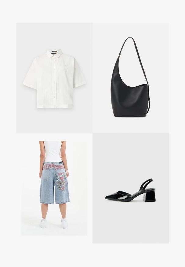 Camisa blanca de manga corta con un tejido texturizado, cuello clásico y cierre de botones. Pequeño logo en el pecho. Diseño de corte relajado.; Shorts de mezclilla azul claro con un corte suelto, que presentan gráficos de tigres bordados coloridos y texto en la parte trasera, acabados con dobladillos enrollados.; Zapatos de tacón slingback de charol negro con punta afilada y tacón geométrico en bloque. Presentan un diseño elegante y minimalista, así como una textura suave.; Bolso tipo hobo de cuero negro con una textura suave, forma curvada y una sola correa ajustable; presenta una amplia apertura en la parte superior.