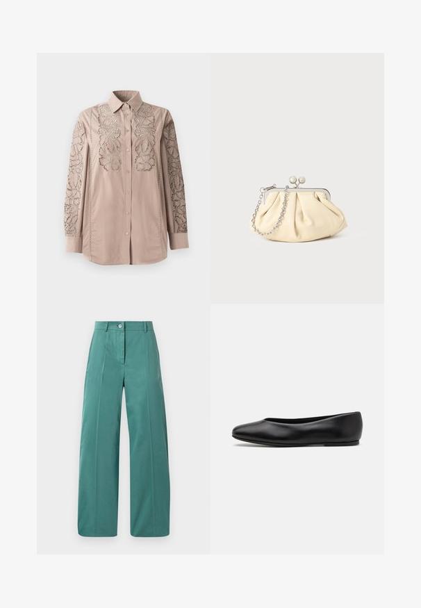 Hellbeige Hemd mit Knopfleiste und aufwendiger, spitzenähnlicher Blumenstickerei an den Ärmeln. Weicher Stoff mit strukturiertem Kragen und langen Ärmeln.; Weite Hosen aus einem weichen Teal-Stoff, mit einer vorderen Knopfverschlüsse, scharfen Falten und glatter Textur. Maßgeschneiderter Schnitt mit minimalen Akzenten.; Paul Smith TOPANGA - Klassischer Ballerina - black; Faltige beigefarbene Ledertasche mit einem silbernen Metallrahmen, ausgestattet mit zwei runden dekorativen Verschlüssen und einem silbernen Kettenriemen.