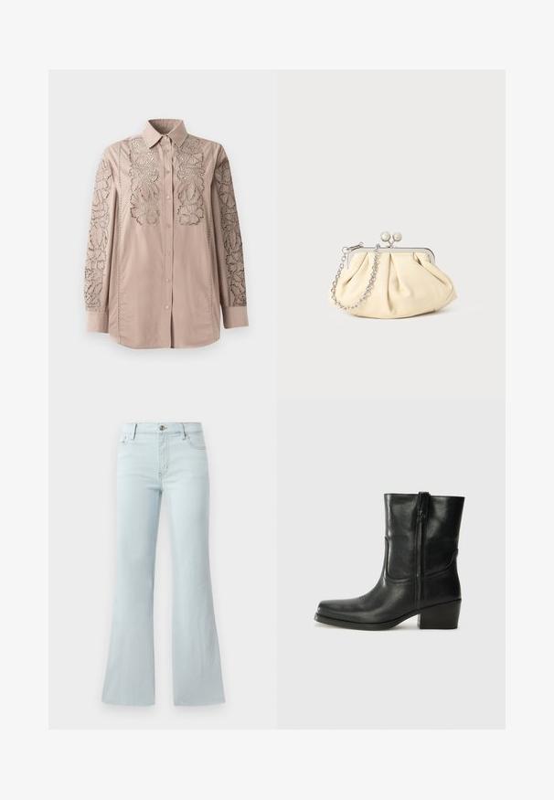 Light beige button-up shirt with intricate lace-like floral embroidery on sleeves. Soft fabric with structured collar and long sleeves.; Light blue flared jeans made of denim. Features a classic five-pocket design and a front button closure. Smooth texture throughout.; Black leather ankle boot with a rounded toe, block heel, side zipper, and stitching accents on the vamp. Smooth texture, classic design.; Pleated beige leather clutch with a silver metal frame, featuring two round decorative clasps and a silver chain strap.