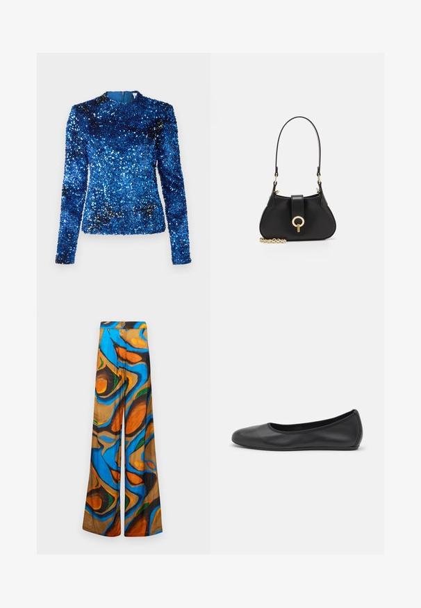 Blue sequin top with long sleeves, high neckline, and smooth interior lining, featuring textured surface with reflective sequins throughout.; Wide-leg trousers featuring a multicolored abstract pattern with blue, orange, and brown hues. Made from lightweight fabric with a smooth texture.; Black leather ballet flat with a rounded toe, smooth texture, minimal stitching detail, and a flexible sole design.; sandro JANET - Handbag - noir