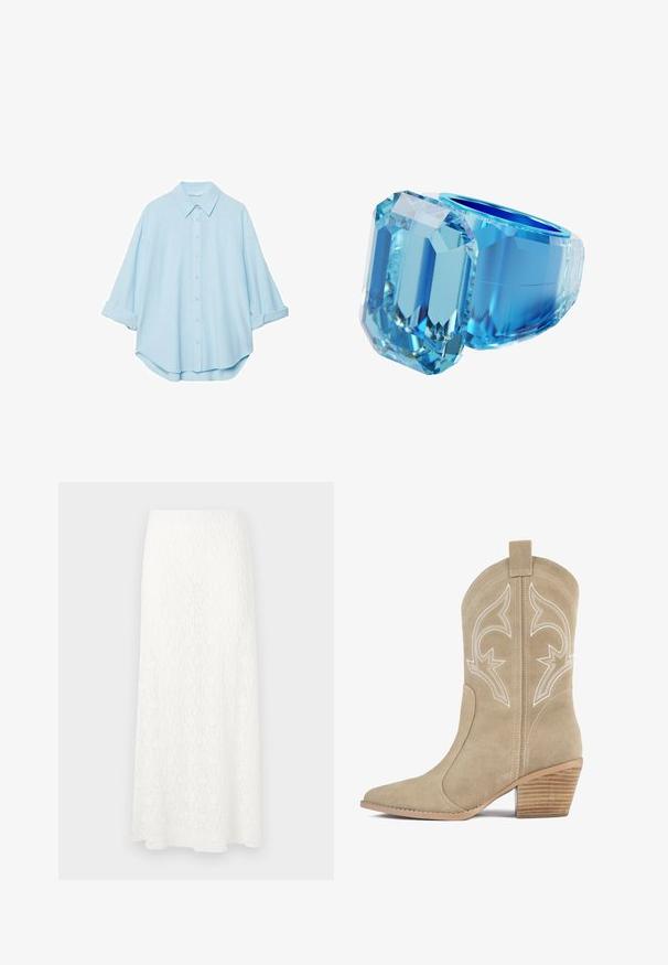 Helles blaues Hemd aus einem weichen Stoff, mit klassischem Kragen, durchgehender Knopfleiste und hochgekrempelten Ärmeln für eine lässige Passform.; Weißer Maxiskirt aus Spitze mit einem strukturierten Muster, elastischem Bund und fließender Form. Der Stoff wirkt leicht und luftig.; Beige Wildleder-Kowboystiefel mit spitzem Zehenbereich, dekorativer weißer Stickerei und gestapeltem Holzabsatz. Verfügt über eine Schlaufe an der Rückseite.; Blauer Acrylring mit einem octagonalen geschliffenen Stein, einer glatten Band und einer glänzenden Oberfläche, die verschiedene Blautöne und klare Facetten zeigt.