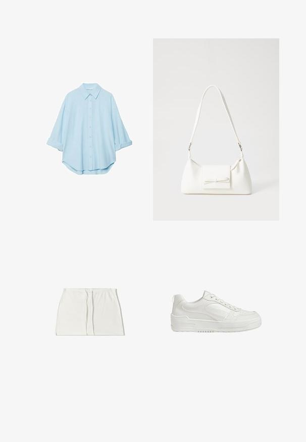 Svetlomodrá košeľa z jemnej látky, s klasickým golierom, zapínaním na gombíky v prednej časti a vyhrnutými rukávmi pre uvoľnený strih.; Biela sukňa s elastickým pásom, dvoma prednými záhybmi a bočnými rozparkami. Hladká textúra a rovný strih. Žiadne viditeľné pracky ani vzory.; Biele kožené tenisky s hladkým povrchom, polstrovaným členkom a perforovanou špičkou. Majú mierne zvýšenú gumovú podrážku a šnurovací dizajn.; Biela syntetická kabelka s trojuholníkovým tvarom, plochým predným klapkou a detailom mašle, nastaviteľným popruhom, hladkou textúrou a minimalistickým dizajnom.