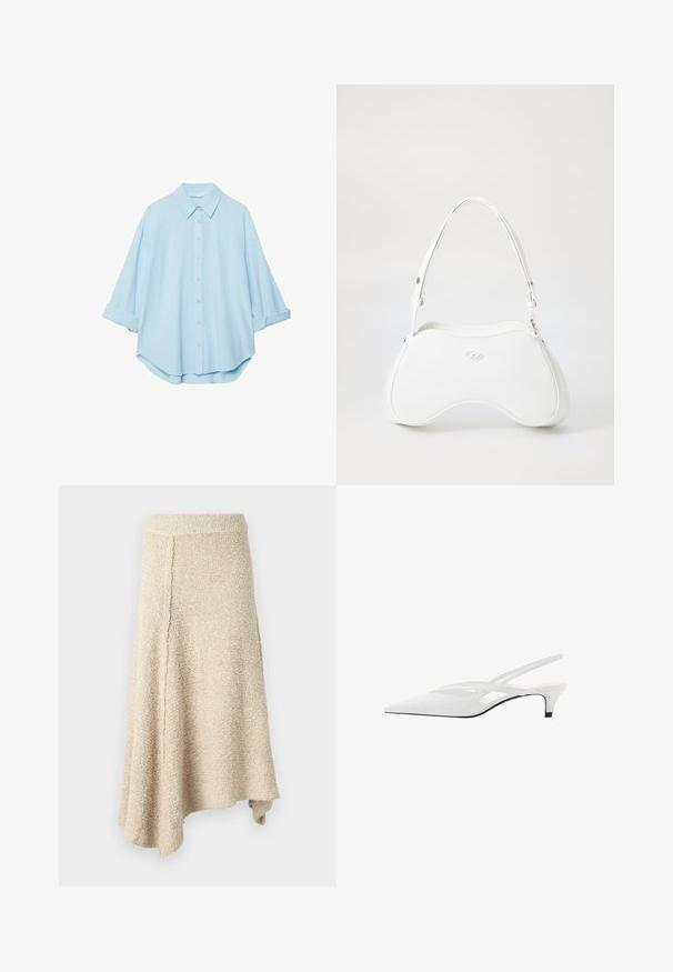 Helles blaues Hemd aus einem weichen Stoff, mit klassischem Kragen, durchgehender Knopfleiste und hochgekrempelten Ärmeln für eine lässige Passform.; Beige strukturierter Rock mit einem ausgestellten Saum, hoher Taille und asymmetrischem Schnitt, aus weichem Strickmaterial gefertigt.; Weißer Slingback-Absatzschuh mit spitzer Zehenpartie, featuring ein glattes Obermaterial, subtile Ausschnitte und einen niedrigen Blockabsatz. Die schwarze Sohle betont das Design.; Weißes Handtasche mit glatter, glänzender Oberfläche, geschwungener Form und einem einzigen verstellbaren Trageriemen. Auf der Vorderseite ist ein eingeprägtes Logo vorhanden.