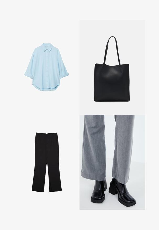 Chemise bleu clair en tissu doux, avec un col classique, un devant à boutons et des manches retroussées pour un look décontracté.; Pantalon noir avec une coupe droite, doté de poches avant et d'éclairs sur l'ourlet. Fabriqué en tissu doux et lisse. Convient à diverses occasions.; Bottine noire à talon avec un bout carré, finition en cuir lisse et une semelle épaisse. Associée à un pantalon large gris clair.; Sac fourre-tout en cuir noir avec une texture lisse, de forme rectangulaire et deux longues poignées. Pas de matériel ou d'ornementations visibles.