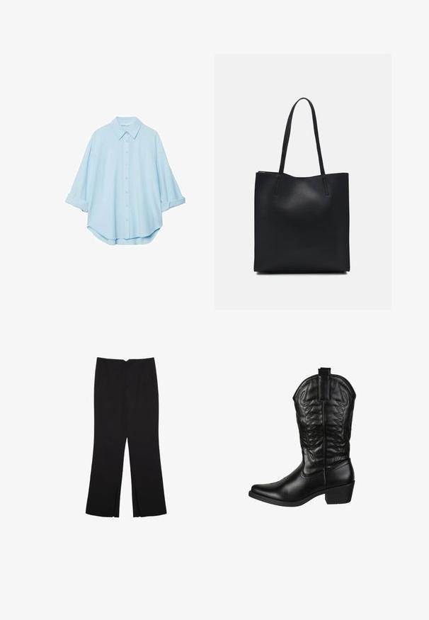 Ljusblå skjorta i mjukt tyg, med klassisk krage, knäppning framtill och uppvikt ärmar för en avslappnad passform.; Svarta byxor med rak passform, utrustade med framfickor och sidoklyvningar vid fållen. Tillverkade av mjukt, slätt tyg. Lämpliga för olika tillfällen.; Elara Cowboy- / Bikerboots - schwarz; Svart lädertoffelväska med slät textur, rektangulär form och två långa handtag. Ingen synlig hårdvara eller dekorationer.