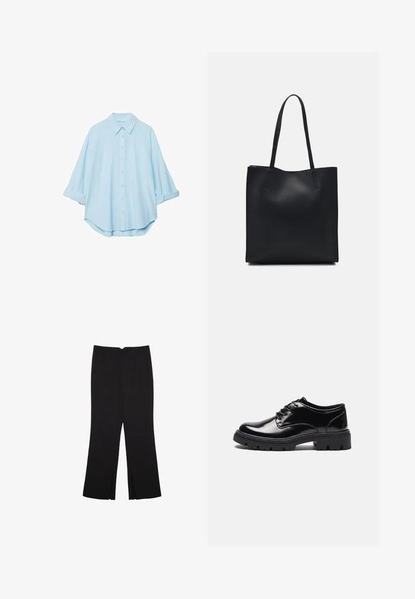 Vaaleansininen paita pehmeästä kankaasta, jossa on klassinen kaulus, napitettava etuosa ja käärityt hihat rentoa sovitusta varten.; Mustat housut suoralinjaisella leikkauksella, joissa on etutaskut ja sivurei'ät helman alla. Valmistettu pehmeästä ja sileästä kankaasta. Sopii eri tilaisuuksiin.; Anna Field Nauhakengät - black; Mustapahkainen kangaskassi, jossa on sileä pinta, suorakaiteen muotoinen ja kaksi pitkää kahvaa. Ei näkyvää metalliosaa tai koristeita.