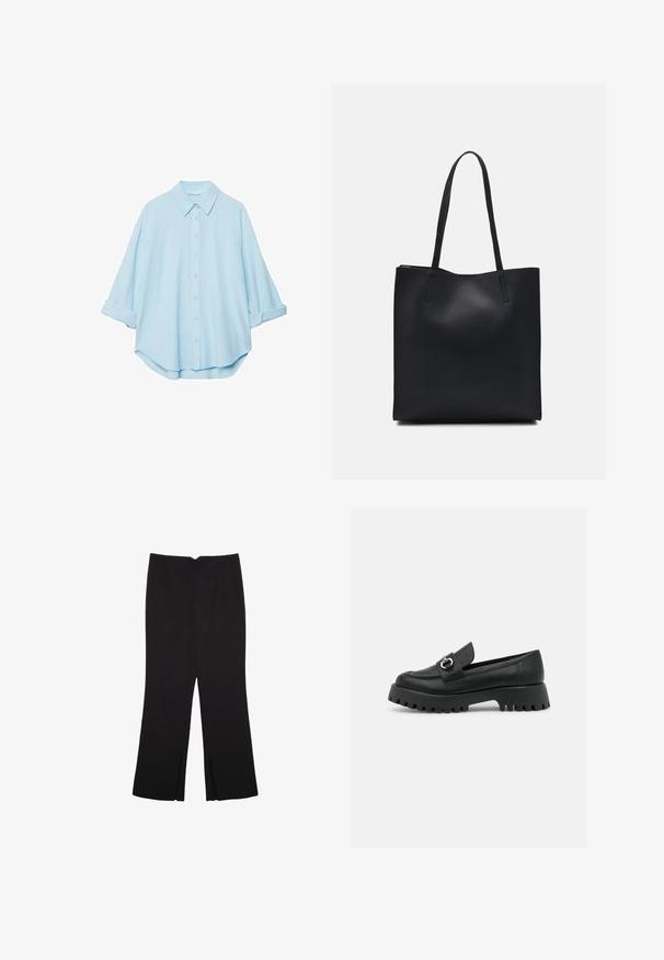 Chemise bleu clair en tissu doux, avec un col classique, un devant à boutons et des manches retroussées pour un look décontracté.; Pantalon noir avec une coupe droite, doté de poches avant et d'éclairs sur l'ourlet. Fabriqué en tissu doux et lisse. Convient à diverses occasions.; Mocassins en cuir noir avec un bout arrondi, présentant un accent de boucle et une semelle épaisse à crans. Texture lisse avec des détails de couture minimaux.; Sac fourre-tout en cuir noir avec une texture lisse, de forme rectangulaire et deux longues poignées. Pas de matériel ou d'ornementations visibles.