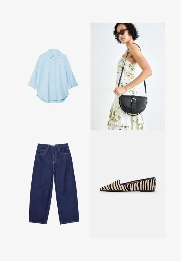 Svijetloplava košulja od mekog materijala, s klasičnim okovratnikom, dugmadi sprijeda i podvrnutim rukavima za ležeran izgled.; Tamno plava traperica širokog kroja s visokim strukom, pet džepova i kontrastnim bijelim šavovima. Glatka tekstura, klasičan dizajn.; Pretty Ballerinas ELLA - Obuća za navlačenje - nube black; Crna kožna torba s lukovitim oblikom, odvojivim remenom i zlatnim detaljima. Torba ima preklop s kopčom.