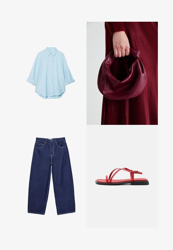 Vaaleansininen paita pehmeästä kankaasta, jossa on klassinen kaulus, napitettava etuosa ja käärityt hihat rentoa sovitusta varten.; Tummansiniset farkkuisot, joissa on leveät lahkeet ja korkea vyötärö, viisi taskua sekä kontrastivalkoinen ompelu. Suora pinta, klassinen muotoilu.; Punainen tasapohjainen sandaali, jossa on ohuita hihnoja, solkikiinnitys ja musta kumipohja. Silkkinen pinta ja minimalistinen muotoilu, mukaan lukien muotoiltu jalkapohja.; Burgundy-nahkakäsilaukku, jossa on pehmeä, ryppyinen muotoilu ja pyöreä muoto. Kahva on kiinnitetty tukevasti, ja siinä on sileä pinta.