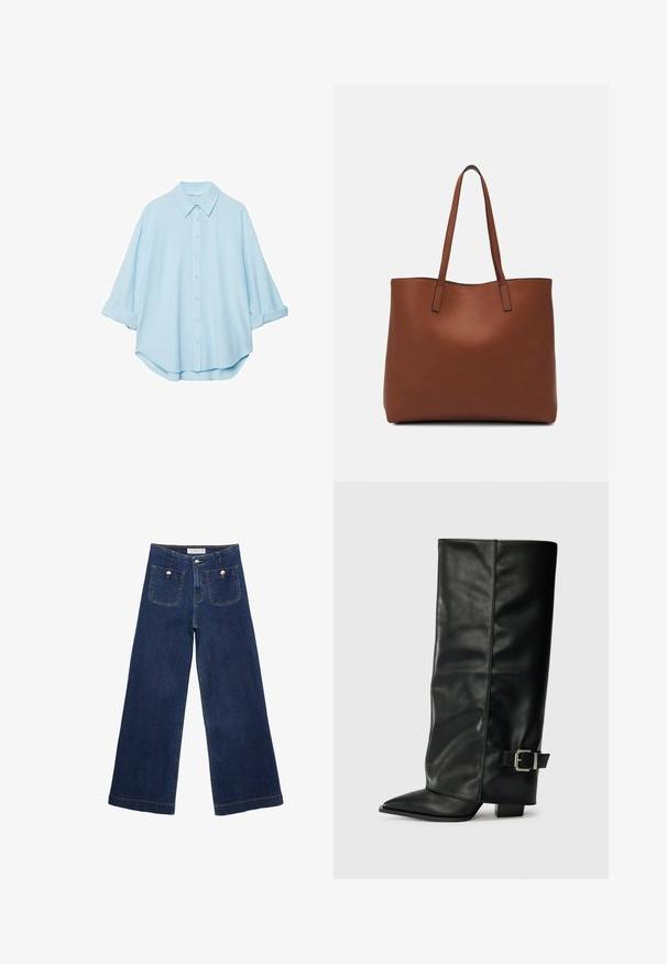 Jasnoniebieska koszula wykonana z miękkiego materiału, z klasycznym kołnierzykiem, zapięciem na guziki z przodu i podwiniętymi rękawami dla swobodnego kroju.; Ciemnoniebieskie jeansy typu wide-leg wykonane z denimu, z dwoma przednimi kieszeniami z dekoracyjnymi guzikami i prostym wykończeniem nogawek.; Czarne skórzane botki do kostek z ostrym noskiem, gładką fakturą i srebrnym zapięciem z boku. Gruby kwadratowy obcas.; Brązowa skórzana torba tote o gładkiej fakturze, z otwartym wierzchem i dwoma ramiączkami. Charakteryzuje się minimalnym przeszyciem i brakiem widocznych elementów metalowych.