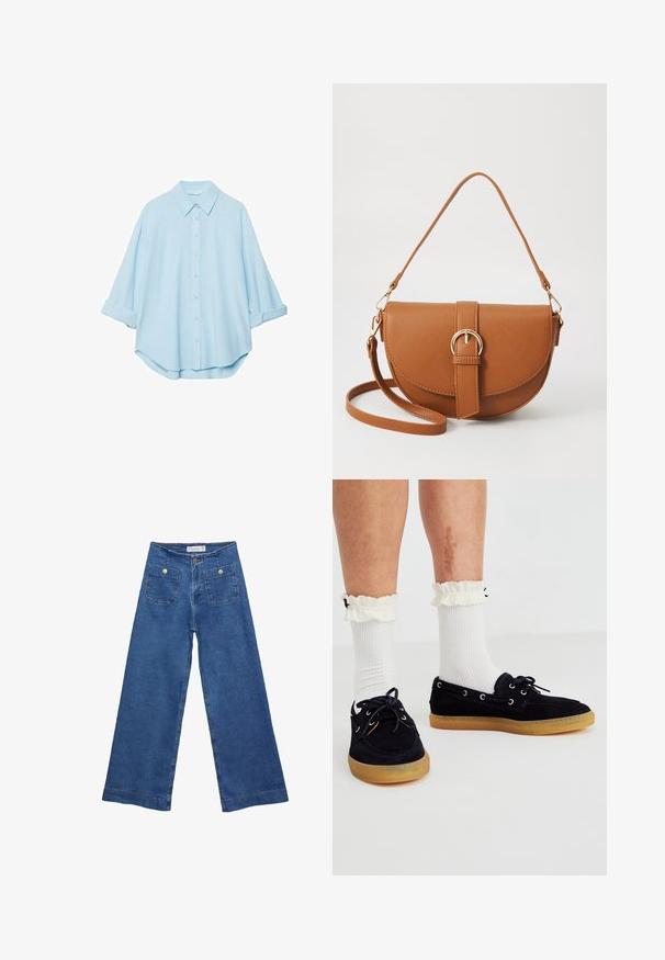 Vaaleansininen paita pehmeästä kankaasta, jossa on klassinen kaulus, napitettava etuosa ja käärityt hihat rentoa sovitusta varten.; Denim leveled-leg farkut keskisinisellä pesulla, kahdella etupussilla, joissa on nappisuljenta, ja ommelluilla yksityiskohdilla helmoissa.; Laivasto siniset mokka veneet kengät, joissa on kumipohjat, hopeiset silmukat ja nauhat. Yhdistetty valkoisten röyhelökaulusten sukkiin.; Ruskean nahkainen olkalaukku, jossa on kaareva muoto, kultaiset yksityiskohdat ja solkiyksityiskohta. Varustettu irrotettavalla olkahihnalla.