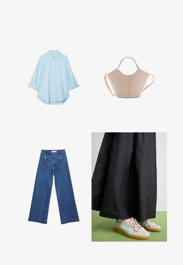 Světle modrá košile vyrobená z jemné tkaniny, s klasickým límečkem, zapínáním na knoflíky vpředu a vyhrnutými rukávy pro uvolněný střih.; Džínové kalhoty širokého střihu s středně modrým omakem, dvěma předními kapsami se zapínáním na knoflíky a prošíváním podél lemů.; Růžové semišové boty s modrými pruhy, obuté s dlouhou černou sukní z mačkané látky. Pozadí tvoří zelená podlaha.; Beige kožená kabelka s jedinečným tvarem, vybavená dvěma krátkými uchy a dlouhým nastavitelným popruhem. Hladká textura s minimem kovových doplňků.