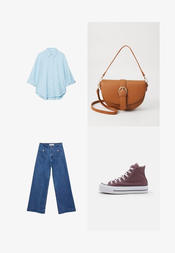 Svetlomodrá košeľa z jemnej látky, s klasickým golierom, zapínaním na gombíky v prednej časti a vyhrnutými rukávmi pre uvoľnený strih.; Džínsy s širokými nohavicami v stredne modrej farbe, s dvoma prednými vreckami na gombíkovné zapínanie a šitými detailmi pozdĺž lemov.; Vysoké tenisky v burgundskej plátne s bielou gumovou podrážkou a špičkou, so bielymi oka a šnúrkami a čiernymi pruhmi.; Hnedá kožená kabelka cez telo s zakriveným tvarom, zlatými kovovými doplnkami a akcentom s prackou. Obsahuje odnímateľný ramenný popruh.