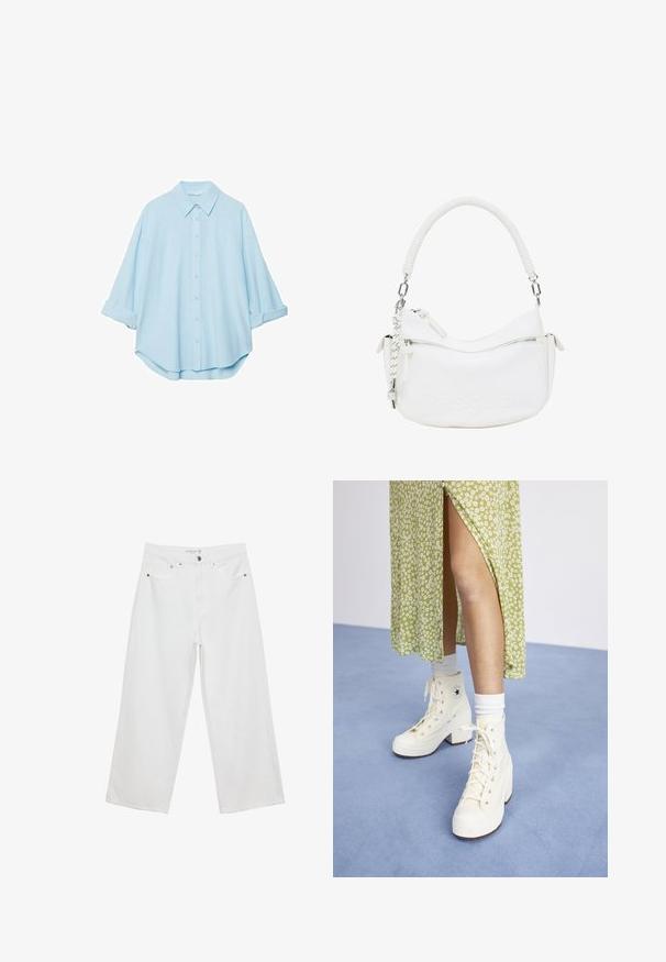 Helles blaues Hemd aus einem weichen Stoff, mit klassischem Kragen, durchgehender Knopfleiste und hochgekrempelten Ärmeln für eine lässige Passform.; Weiße Jeans im weit geschnittenen Design aus Denim mit hoher Taille, ausgestattet mit fünf Taschen und Metallbeschlägen. Glatte Textur, keine sichtbaren Muster.; Weiße hohe Plateausneaker mit Schnürsenkeln und silbernen Ösen, kombiniert mit weißen Crew-Socken, vor einem hellblauen Boden.; Weißes Kunstleder-Handtäschchen mit kurvenförmigem Design, strukturiertem Henkel, silberner Hardware und einer mit Reißverschluss versehenen Tasche. Mit eingeprägtem Logo.