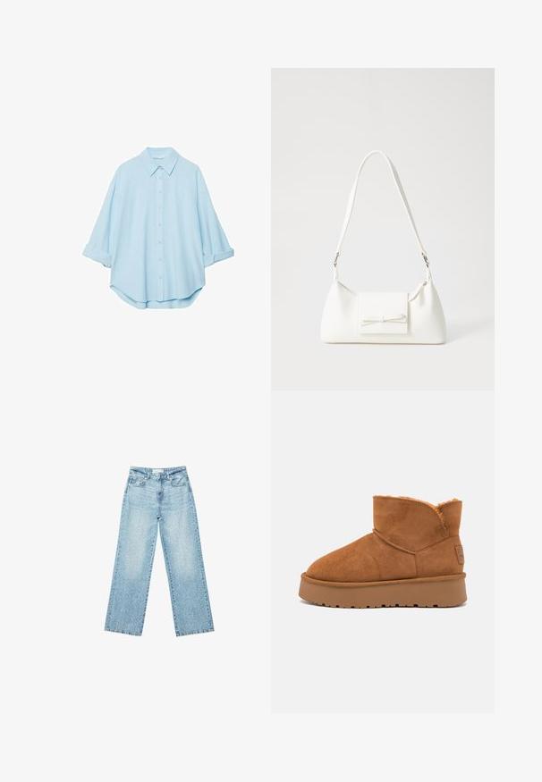 Camicia azzurra realizzata in un tessuto morbido, con colletto classico, chiusura a bottoni sul davanti e maniche arrotolate per un fit rilassato.; Jeans larghi in denim blu chiaro a vita alta, caratterizzati da un lavaggio sbiadito e da piccoli dettagli strappati sparsi.; Stivale alla caviglia in suede marrone con una morbida fodera in pelliccia, punta arrotondata e suola in gomma spessa e texturizzata. Caratterizzato da cuciture a vista e un'etichetta con marchio.; Borsa sintetica bianca a forma triangolare, con patta anteriore piatta e dettaglio a fiocco, tracolla regolabile, texture liscia e design minimalista.