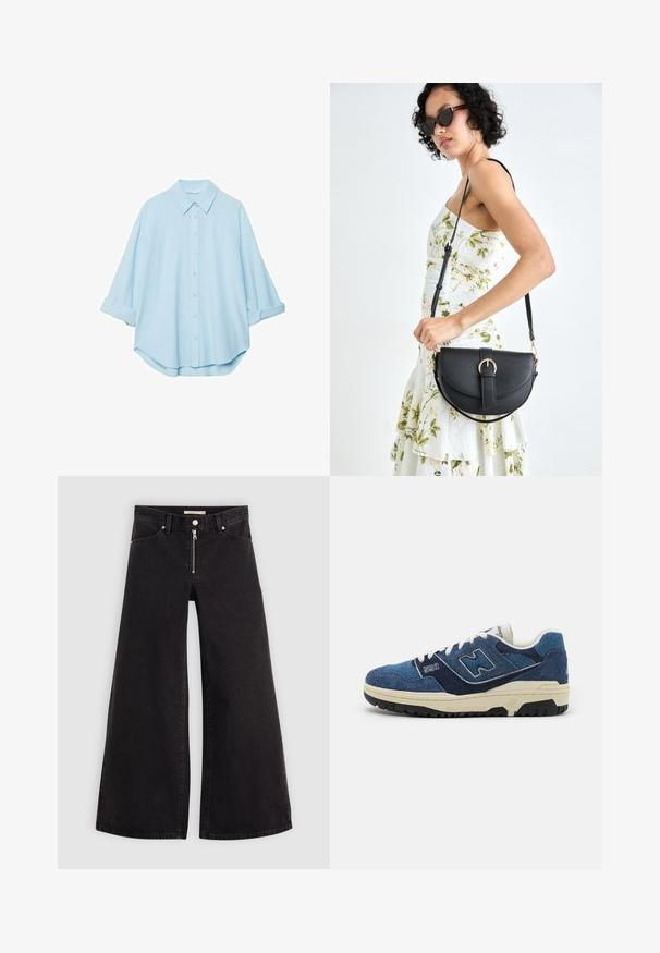 Vaaleansininen paita pehmeästä kankaasta, jossa on klassinen kaulus, napitettava etuosa ja käärityt hihat rentoa sovitusta varten.; Mustat leveälahkeiset farkut, joissa on vetoketjufrunti, viisi-taskuinen muotoilu ja hienovaraiset ompelusyyt. Sileä pinta ja rento tyyli.; Sininen mokkakengät, joissa on kontrastoiva tummansininen paneeli, valkoiset nauhat ja teksturoitu musta kumipohja. Mallinumero "550" näkyvissä sivussa.; Musta nahkainen käsilaukku, joka on kaareva muotoilultaan, irrotettavalla hihnalla ja kultaisilla yksityiskohdilla. Laukussa on läppä, jossa on solk yksityiskohta.