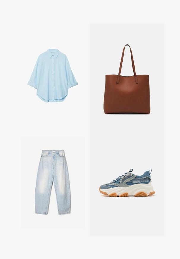 Vaaleansininen paita pehmeästä kankaasta, jossa on klassinen kaulus, napitettava etuosa ja käärityt hihat rentoa sovitusta varten.; Vaaleansiniset farkut, joissa on löysä malli, haalistunut pinta, kaksi etutaskua ja nappikiinnitys vyötäröllä.; Tennarit denimista, joissa on kerroksellinen sininen muotoilu, hapsutetut yksityiskohdat, valkoinen paksu pohja ja ruskea kumipohja pitävyyttä varten.; Ruskea nahkainen olkalaukku, jossa on sileä pinta, avoin yläosa ja kaksi olkahihnaa. Omaavat vain minimaalisen ompelun eikä näkyvää metalliosaa.