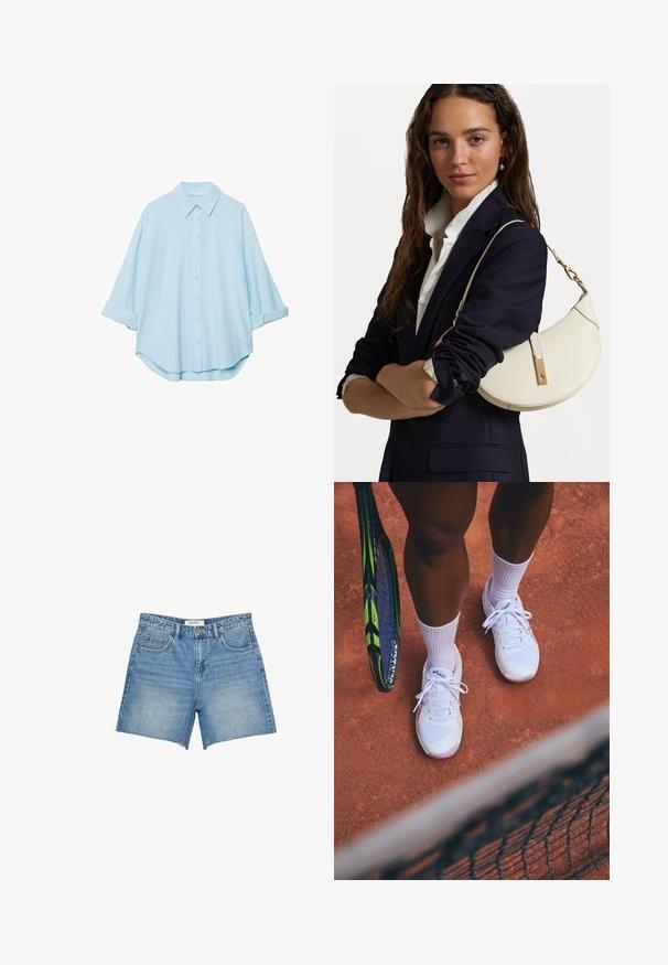 Helles blaues Hemd aus einem weichen Stoff, mit klassischem Kragen, durchgehender Knopfleiste und hochgekrempelten Ärmeln für eine lässige Passform.; Hellblaue Denim-Shorts mit geradem Schnitt, fransigem Saum, fünf Taschen und einem Markenetikett am Bund. Gleichmäßige Wäsche und robustes Material.; Weiße Tennisschuhe mit Netzpaneelen und pinken Akzenten, kombiniert mit weißen Socken, platziert auf einem Sandplatz mit einem nahegelegenen Tennisschläger.; Weißes Lederhandtasche mit geschwungener Form, goldenen Beschlägen und strukturiertem Finish, getragen über einem dunklen Blazer und einem weißen Hemd.