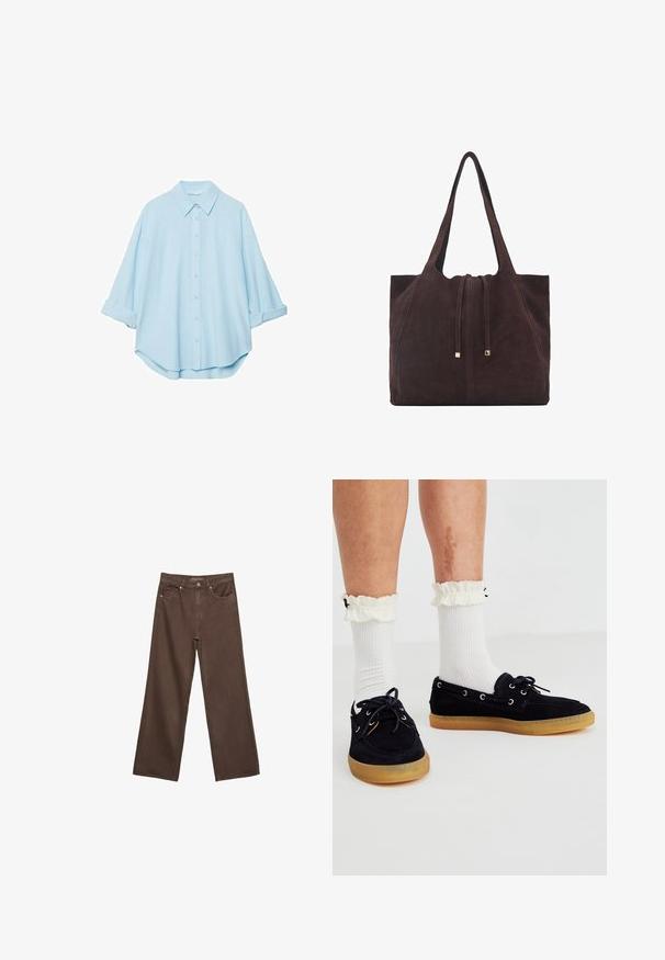 Svijetloplava košulja od mekog materijala, s klasičnim okovratnikom, dugmadi sprijeda i podvrnutim rukavima za ležeran izgled.; Proširene smeđe traperice od denima, s visokim strukom, prednjim džepovima i klasičnom kopčom na dugme. Glatka tekstura s suptilnim šavovima.; Mornarsko plave zamrznute brodske cipele s gumenim potplatima, sadrže srebrne okove i vezice. Uparen s bijelim rebrastim čarapama i detaljima na rubu.; Mango Velika torba - dark brown