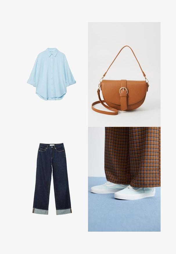 Helles blaues Hemd aus einem weichen Stoff, mit klassischem Kragen, durchgehender Knopfleiste und hochgekrempelten Ärmeln für eine lässige Passform.; Dunkelblaue, weit geschnittene Jeans mit hoher Taille, ausgestattet mit aufgerollten Säumen, Kontrastnähten und einem Fünf-Taschen-Design. Hergestellt aus Denim-Stoff.; Hellblaue Sneakers, die mit braun-blau karierter weit geschnittener Hose auf einem hellblauen Teppichboden getragen werden.; Braune Leder-Crossbody-Tasche mit geschwungener Form, goldfarbenen Beschlägen und einer Schnallenakzentuierung. Verfügt über einen abnehmbaren Schultergurt.