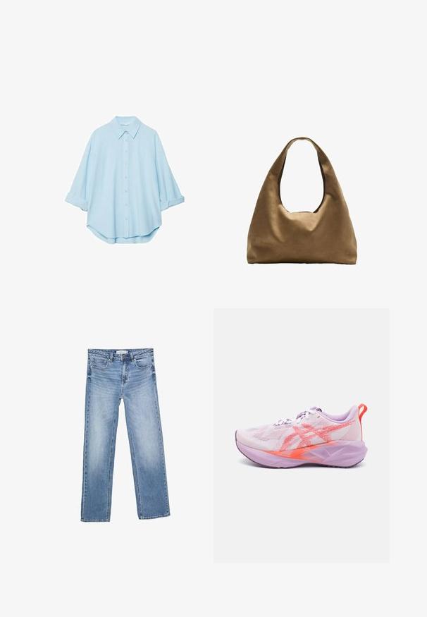 Svijetloplava košulja od mekog materijala, s klasičnim okovratnikom, dugmadi sprijeda i podvrnutim rukavima za ležeran izgled.; Ravne traperice plave boje, s izblijeđenim efektom, pet džepova i klasičnim gumbom za kopčanje. Izrađene od pamučne tkanine s upadljivim šavovima.; Lagana trkačka obuća u pastelnim ružičastim i lavanda nijansama s prozračnim mrežastim gornjim dijelom, teksturiranim akcentima i jastučićem za potporu.; Smeđa platnena torba za rame s širokim, zaobljenim tijelom i velikim izrezanim drškom. Mekana tekstura, minimalistički dizajn i bez vidljivog hardvera.