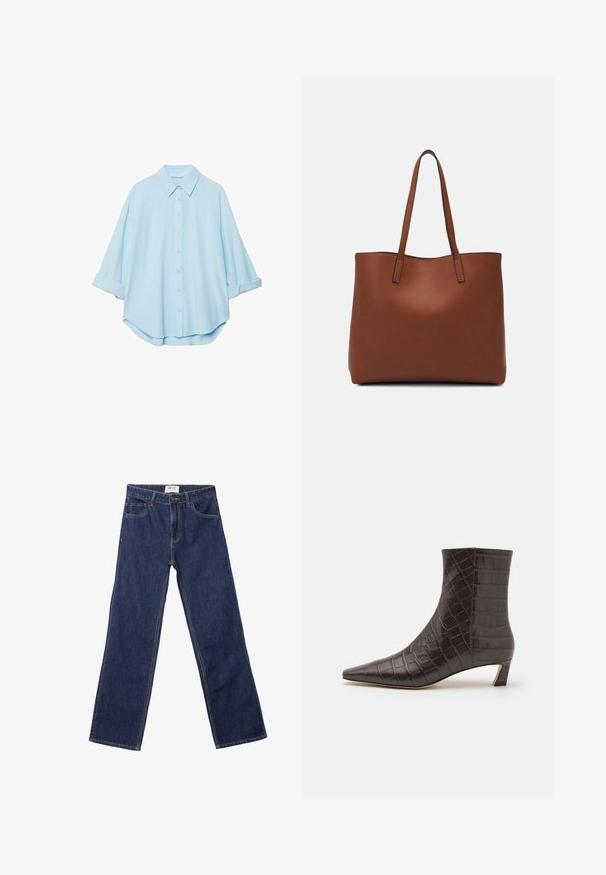 Světle modrá košile vyrobená z jemné tkaniny, s klasickým límečkem, zapínáním na knoflíky vpředu a vyhrnutými rukávy pro uvolněný střih.; Tmavě modré džíny rovného střihu s předními kapsami, poutky na opasek a zapínáním na knoflík.; MICHAEL Michael Kors COSMO KITTEN BOOTIE - Kotníkové boty - chocolate; Hnědá kožená taška přes rameno s hladkou texturou, otevřeným designem a dvěma ramenními popruhy. Obsahuje minimální švy a žádné viditelné kovové prvky.