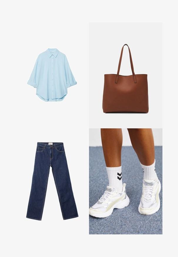 Chemise bleu clair en tissu doux, avec un col classique, un devant à boutons et des manches retroussées pour un look décontracté.; Jean droit bleu foncé avec poches avant, passants de ceinture et fermeture à bouton.; Baskets blanches avec des accents argentés, en matériau en maille et au design volumineux. Associées à des chaussettes blanches avec des motifs en chevron noirs.; Sac fourre-tout en cuir marron avec une texture lisse, design à ouverture supérieure et deux poignées pour le porter à l'épaule. Présente des coutures minimales et aucun matériel visible.