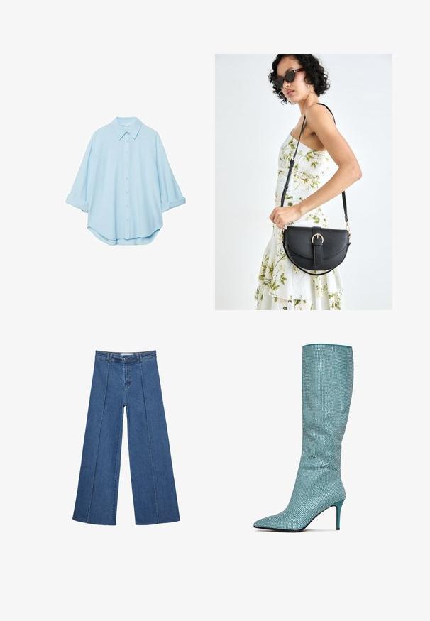 Ljusblå skjorta i mjukt tyg, med klassisk krage, knäppning framtill och uppvikt ärmar för en avslappnad passform.; Vidbenade denimjeans i medelblått, med hög midja, knäppning och kontrasterande vertikala sömdetaljer längst fram.; Teal knäskohöga stövel med spetsig tå, täckt av glittrande rhinestones och en smal stilettklack. Slät textur med en åtsittande design.; Svart läderhandväska med en böjd form, avtagbar rem och guldiga detaljer. Väskan har ett lock med en spänndetalj.
