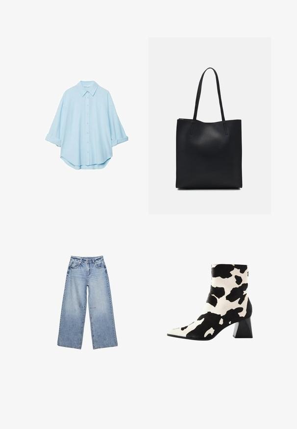 Světle modrá košile vyrobená z jemné tkaniny, s klasickým límečkem, zapínáním na knoflíky vpředu a vyhrnutými rukávy pro uvolněný střih.; Světle modré široké džíny vyrobené z denimu, s vysokým pasem, pěti kapsami a jemným vyblednutím, s nerovnými lemy.; Kotníkové boty s kravským vzorem, které mají strukturovaný povrch, špičatou špičku a silný černý podpatek. Vyrobené z měkkého materiálu s jedinečným vzorem.; Černá kožená taška přes rameno s hladkým povrchem, obdélníkovým tvarem a dvěma dlouhými uchy. Žádné viditelné kování ani ozdoby.