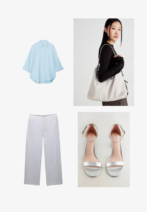 Svijetloplava košulja napravljena od mekog materijala, s klasičnim ovratnikom, prednjim kopčanjem na dugmad i podvrnutim rukavima za opušteni izgled.; PULL&BEAR Spodnji deli trenirk - grey; Srebrne sandale na visokom petu z metalik zaključkom, s elegantnim trakama za gležnje in širokim sprednjim pasom. Rahlo oblazinjen vložek s logotipom blagovne znamke.; Bežna torbica iz mehkega materiala, z ohlapno zasnovo, šivi in dvema naramnicama. Primerna za vsakodnevno uporabo.