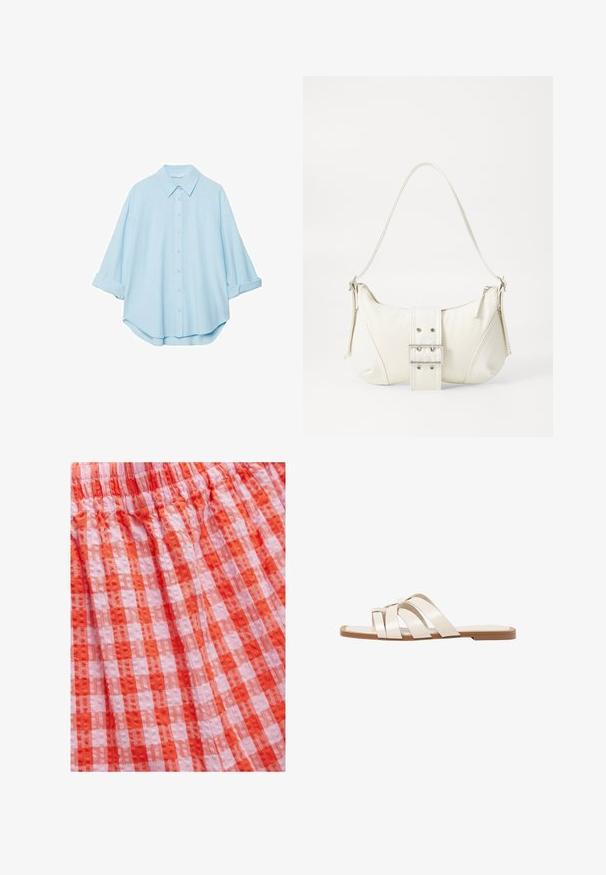 Svijetloplava košulja napravljena od mekog materijala, s klasičnim ovratnikom, prednjim kopčanjem na dugmad i podvrnutim rukavima za opušteni izgled.; Rdeča in roza karo tkanina z teksturirano površino, ki se ponaša z nabranim pasom in nabranim dizajnom. Material se zdi lahek in zračen.; Ravne sandale s svetlo rjavim gumijastim podplatom, zasnovane s tremi prekrivajočimi se belimi usnjenimi trakovi in majhnim lokom na sredini.; Bela torbica za rame z teksturirano površino, osrednjo sponko in ukrivljenim oblikovanjem. Zadrge na obeh straneh.