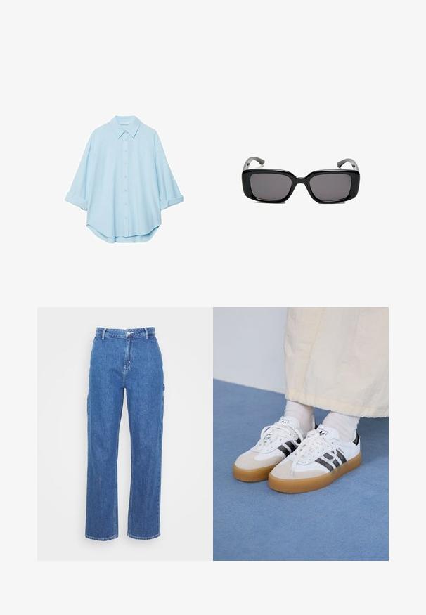 Light blue shirt made from a soft fabric, featuring a classic collar, button-down front, and rolled sleeves for a relaxed fit.; Blue denim high-waisted pants with a straight leg design, featuring a front button closure and side pockets. Smooth texture and no visible patterns.; White sneakers with black stripes and beige suede accents. Feature a textured gum sole and flat white laces, worn with light-colored socks.; Black rectangular sunglasses with dark lenses, smooth plastic frame, and curved temples. The design is chunky with a minimalist aesthetic.