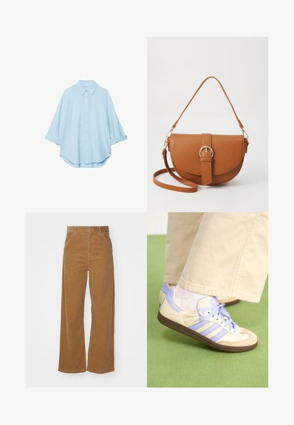 Chemise bleu clair en tissu doux, avec un col classique, un devant à boutons et des manches retroussées pour un look décontracté.; Pantalons large en velours côtelé marron avec une texture ribbed subtile, dotés d'une fermeture par bouton à l'avant et de poches sur les côtés.; Baskets crème et lavande avec trois bandes et une semelle marron texturée, dotées de lacets et d'un talon rembourré. Tige en tissu doux.; Sac bandoulière en cuir marron avec une forme incurvée, quincaillerie dorée et un accent en boucle. Comprend une bandoulière détachable.