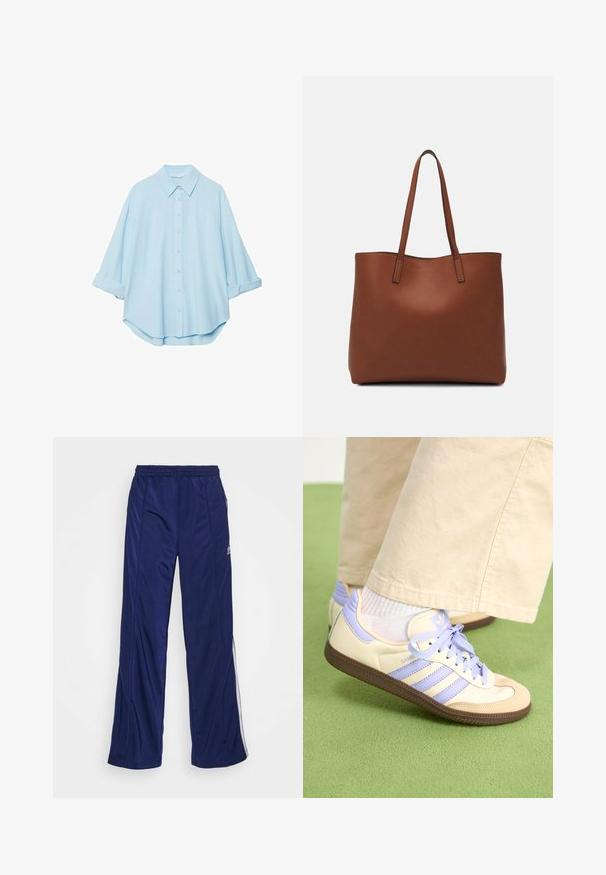 Ljusblå skjorta i mjukt tyg, med klassisk krage, knäppning framtill och uppvikt ärmar för en avslappnad passform.; Marina atletiska byxor med elastisk midja, raka ben och sidodragkedjor. Har vit piping längs sidorna. Slät tygtextur.; Krämfärgade och lavendelfärgade sneakers med tre ränder och en texturerad brun sula, med snören och en vadderad häl. Mjuk tygobero.; Brun läder tote-väska med en slät textur, öppen toppdesign och två axelremmar. Har minimal söm och ingen synlig metalldetalj.