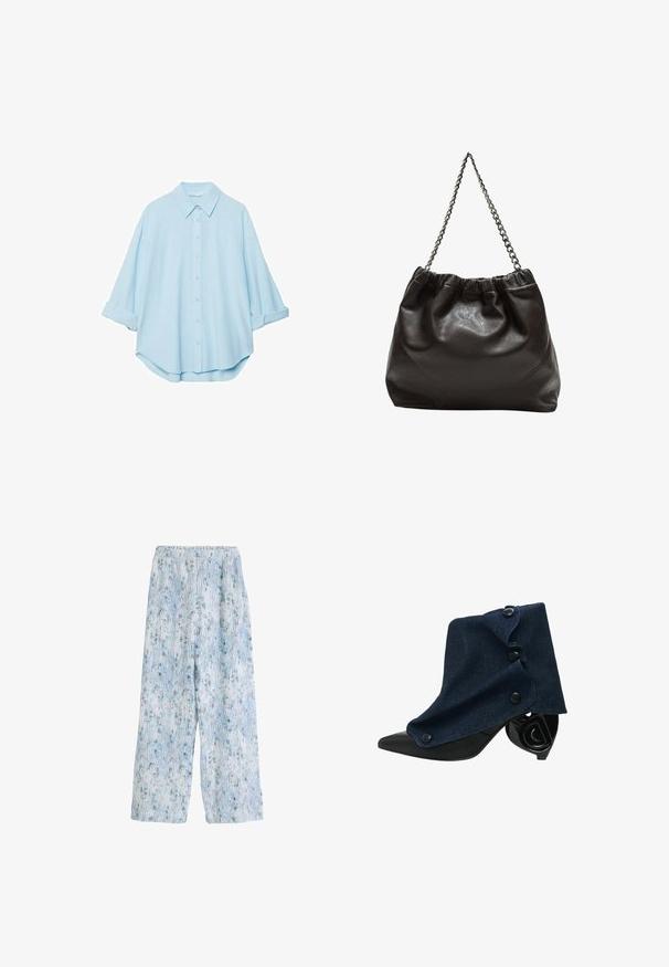 Ljusblå skjorta i mjukt tyg, med klassisk krage, knäppning framtill och uppvikt ärmar för en avslappnad passform.; Ljust blå mönstrade vida byxor med elastisk midja, som har en blommig design och vertikala linjer, tillverkade av ett mjukt tyg.; Marinblå denimankelboots med en strukturerad design, spetsig svart tå och unik spiralklack. Har tre mörka knappar på sidan.; Brun läderväska med rynkad topp och kedjesnodd. Slät textur med en blankslipad yta och subtila sömdetaljer på sidorna.