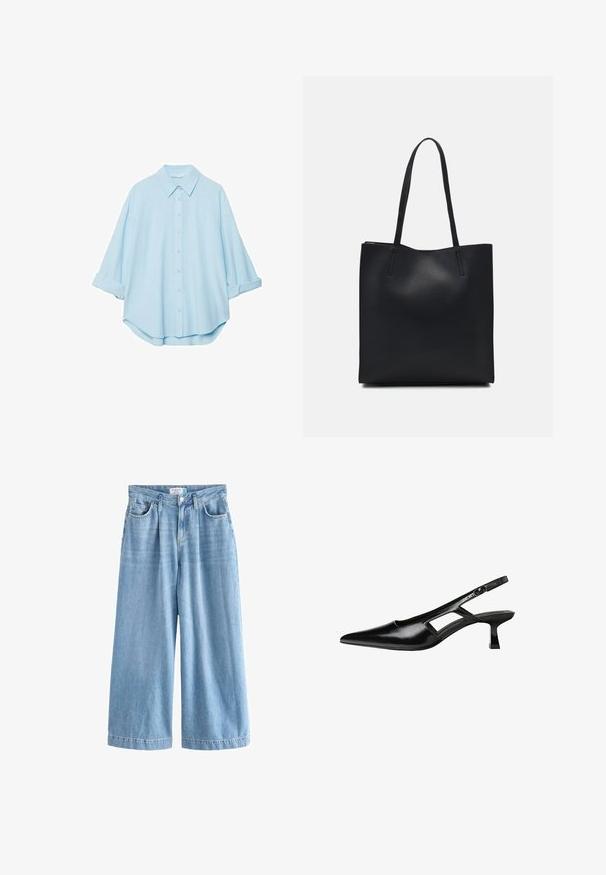 Svijetloplava košulja napravljena od mekog materijala, s klasičnim ovratnikom, prednjim kopčanjem na dugmad i podvrnutim rukavima za opušteni izgled.; Svetlo modri traper palazzo kavbojki s širokimi nogami, ki imajo visok pas, sprednje žepe in gumbasto zapiranje. Z rahlo zbledelim vzorcem.; Črne patentični usnjeni salonarji s slingback designom, z zašiljenim nosom, izrezanim stranskim dizajnom in majhnim kvadratnim peto. Gladka tekstura z minimalnimi detajli.; Črna usnjena torba s svilnato teksturo, pravokotne oblike in dvema dolgima ročajema. Brez vidnih metalnih delov ali okrasnih elementov.